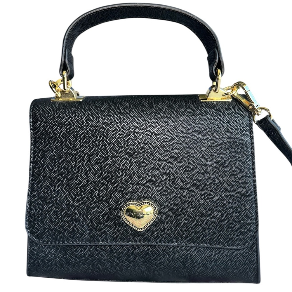Betsy Johnson Black Faux Pebble Leather XOX Floral Lined Handbag